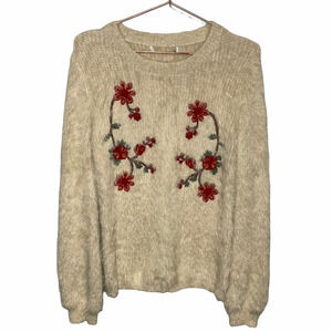 Woven Heart Pullover Long Sleeve Red Flower Embroidered Sweater Small